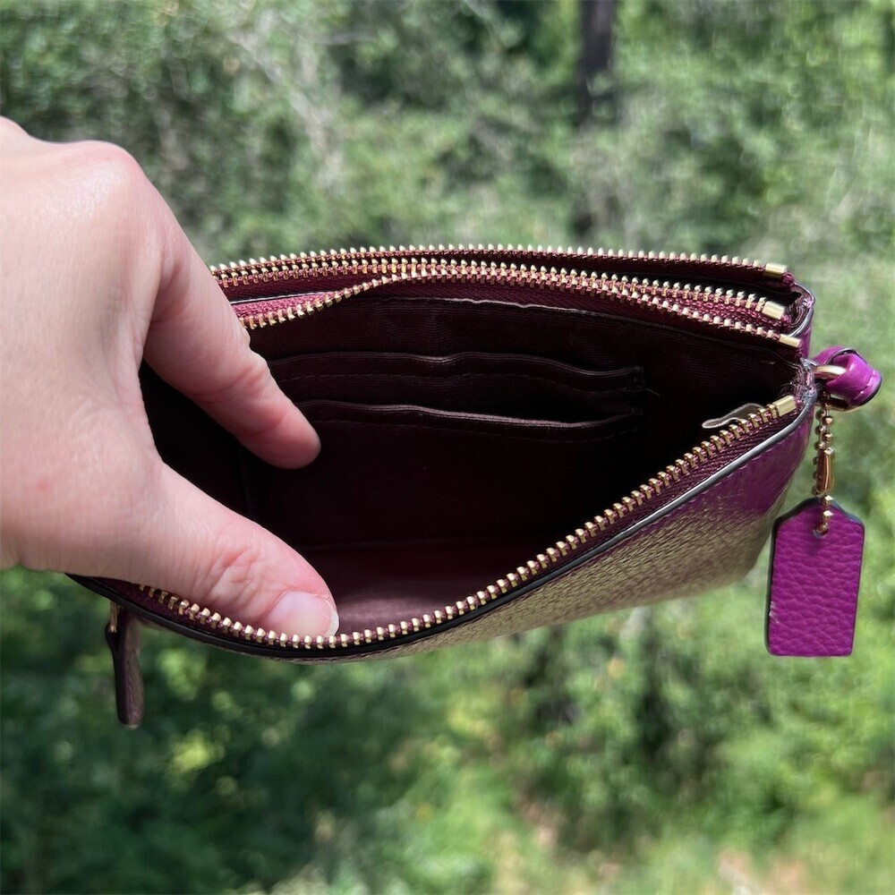 COACH Purple/Purple Pebbled Leather Wristlet Double Zip Wallet Gold Hardware - Picture 5 of 13